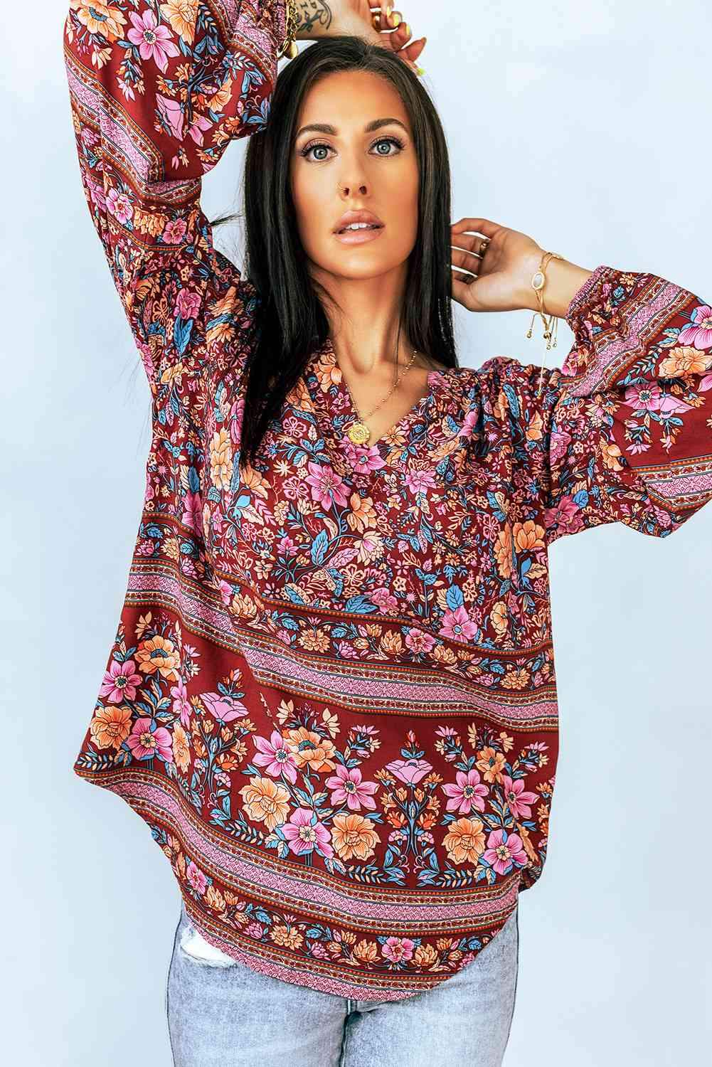 Bohemian Balloon Sleeve Notched Neck Blouse Blouses - Tophatter Daily Deals