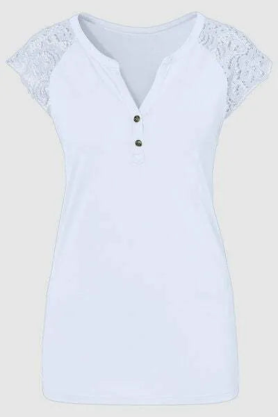 Lace Detail Notched Cap Sleeve T-Shirt Women's T-Shirts - Tophatter Daily Deals