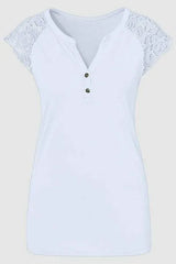 Lace Detail Notched Cap Sleeve T-Shirt Women's T-Shirts - Tophatter Daily Deals