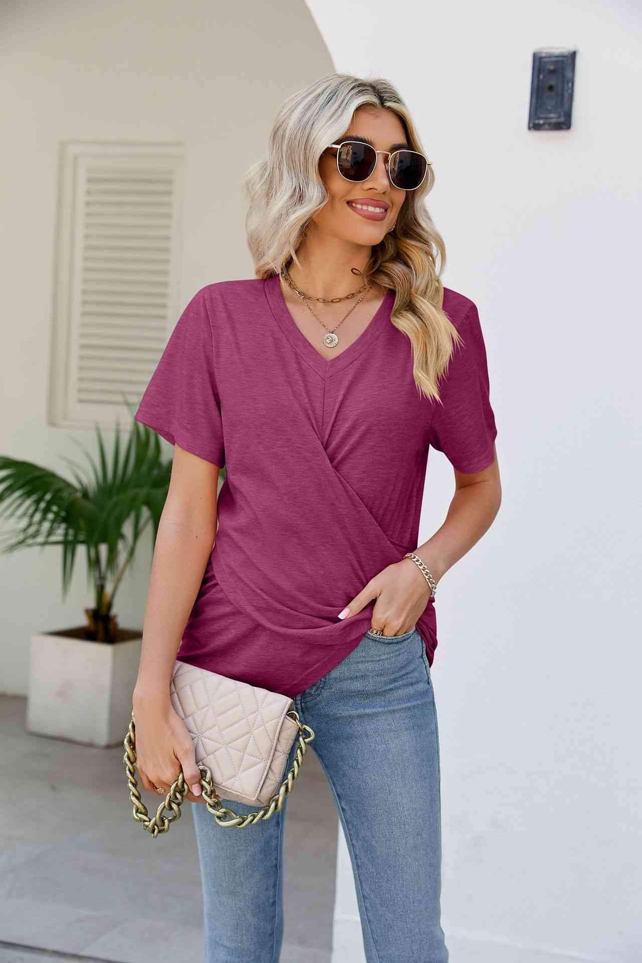 V-Neck Crisscross Short Sleeve Tee Magenta Women's T-Shirts - Tophatter Daily Deals