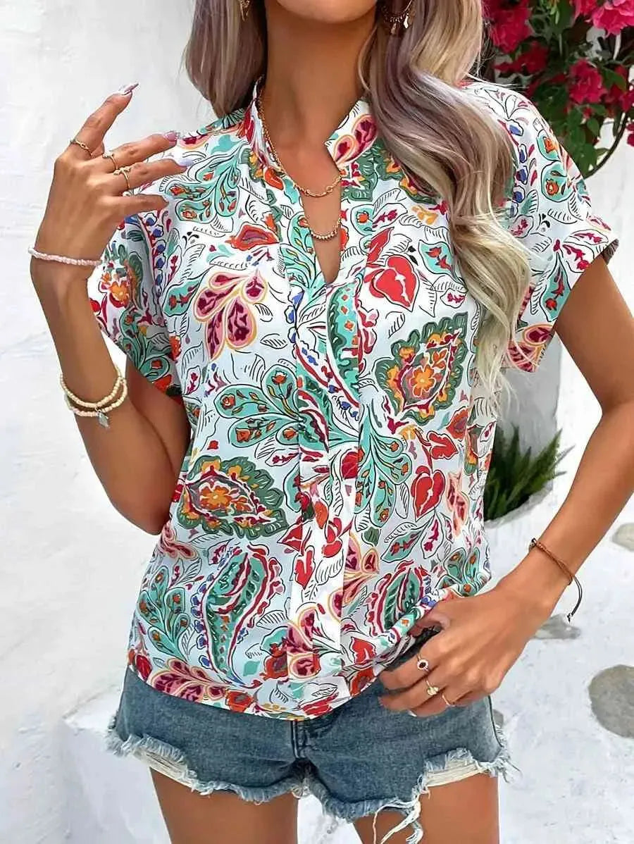 Printed Notched Neck Short Sleeve Blouse Gum Leaf Blouses - Tophatter Daily Deals