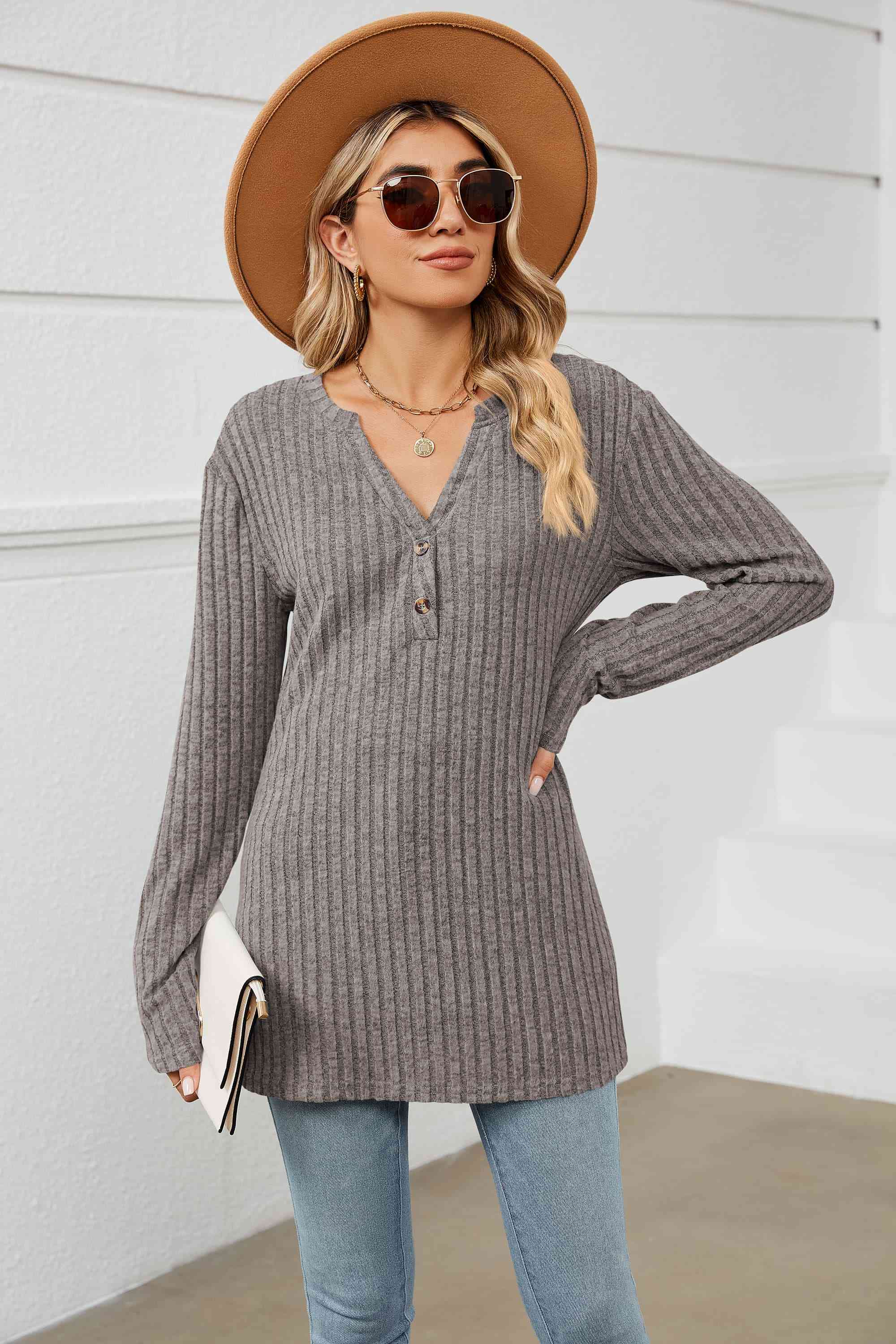 Notched Neck Ribbed Long Sleeve T-Shirt Women's T-Shirts - Tophatter Daily Deals