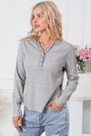 Waffle Knit Buttoned Notched Neck Long Sleeve T-Shirt Light Gray Women's T-Shirts - Tophatter Daily Deals