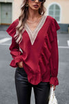 V-Neck Flounce Sleeve Ruffle Trim Blouse Deep Red Blouses - Tophatter Daily Deals