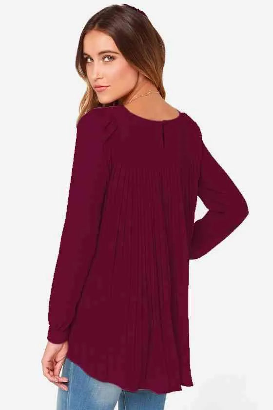 Full Size Round Neck Back Pleated Blouse Blouses - Tophatter Daily Deals