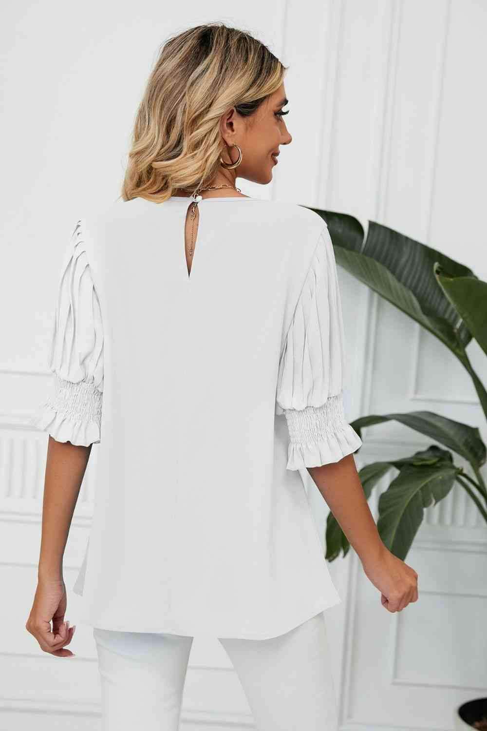 Pleated Flounce Sleeve Keyhole Blouse Blouses - Tophatter Daily Deals