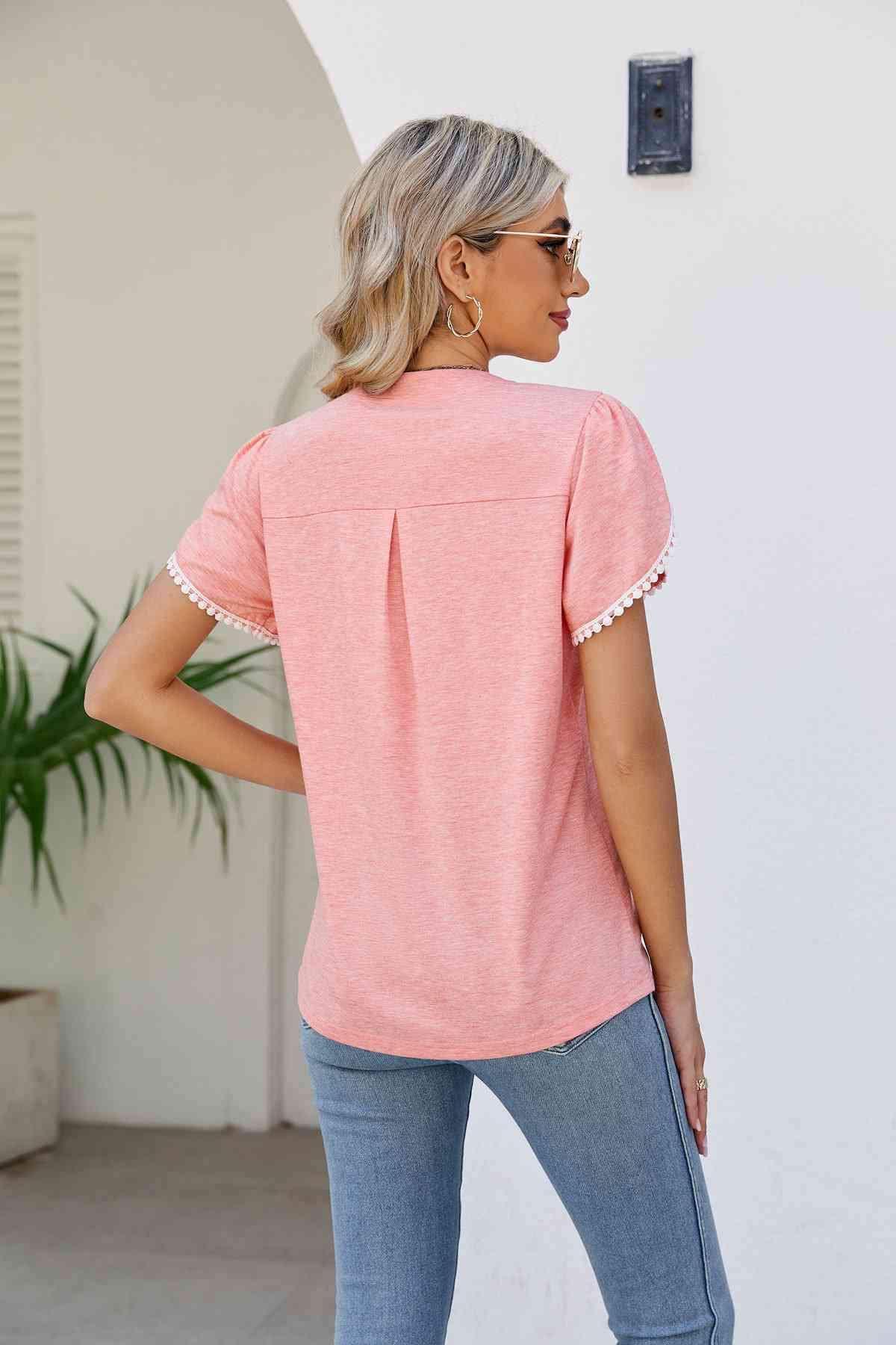 Pom-Pom Trim Petal Sleeve Notched Neck Top Blouses - Tophatter Daily Deals