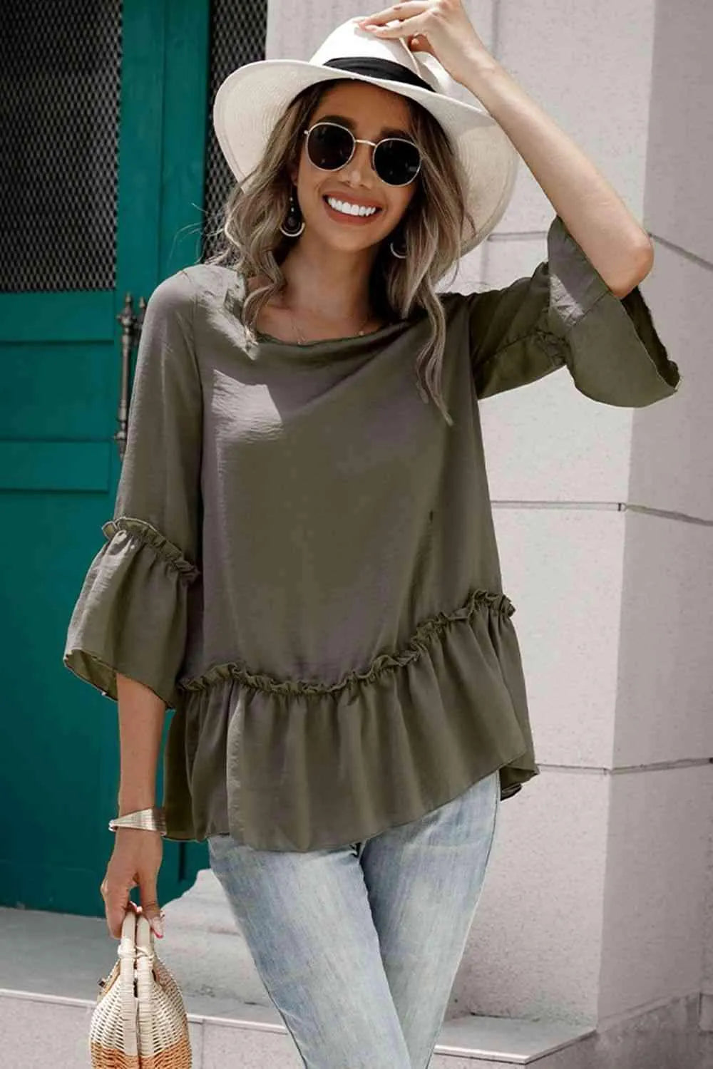 Frill Trim Round Neck Blouse Blouses - Tophatter Daily Deals