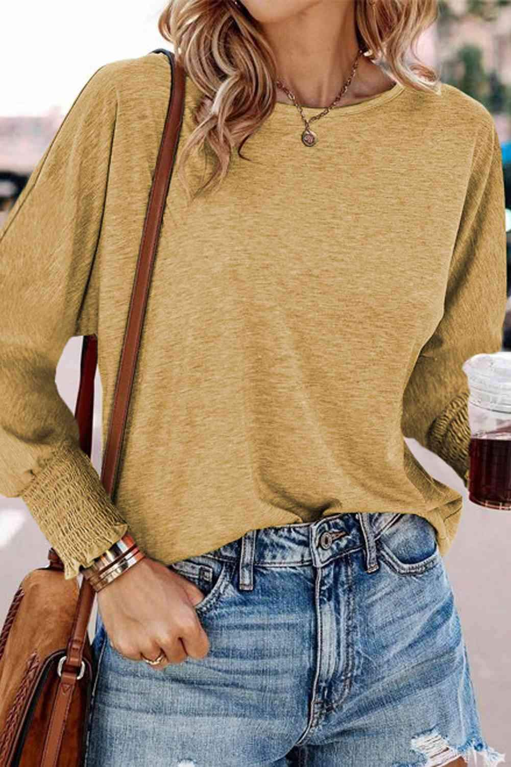 Round Neck Smocked Long Sleeve Blouse Blouses - Tophatter Daily Deals