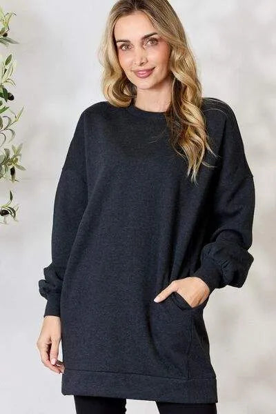 Zenana Oversized Longline Top with Pockets Charcoal Blouses - Tophatter Daily Deals