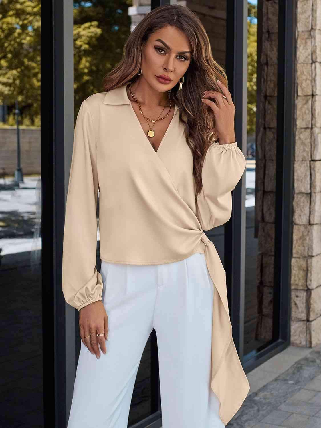 Surplice Neck Long Sleeve Blouse Blouses - Tophatter Daily Deals