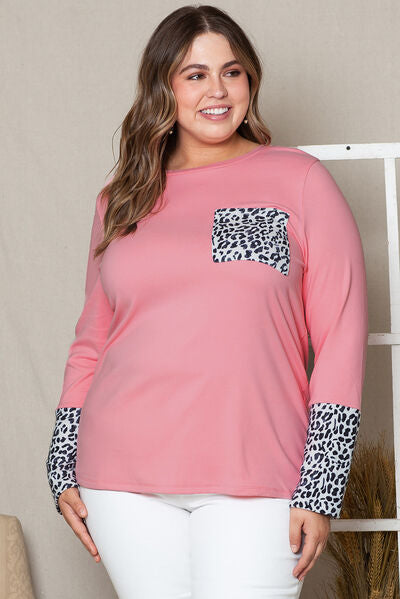 Plus Size Leopard Round Neck Long Sleeve T-Shirt Blush Pink Women's T-Shirts - Tophatter Daily Deals