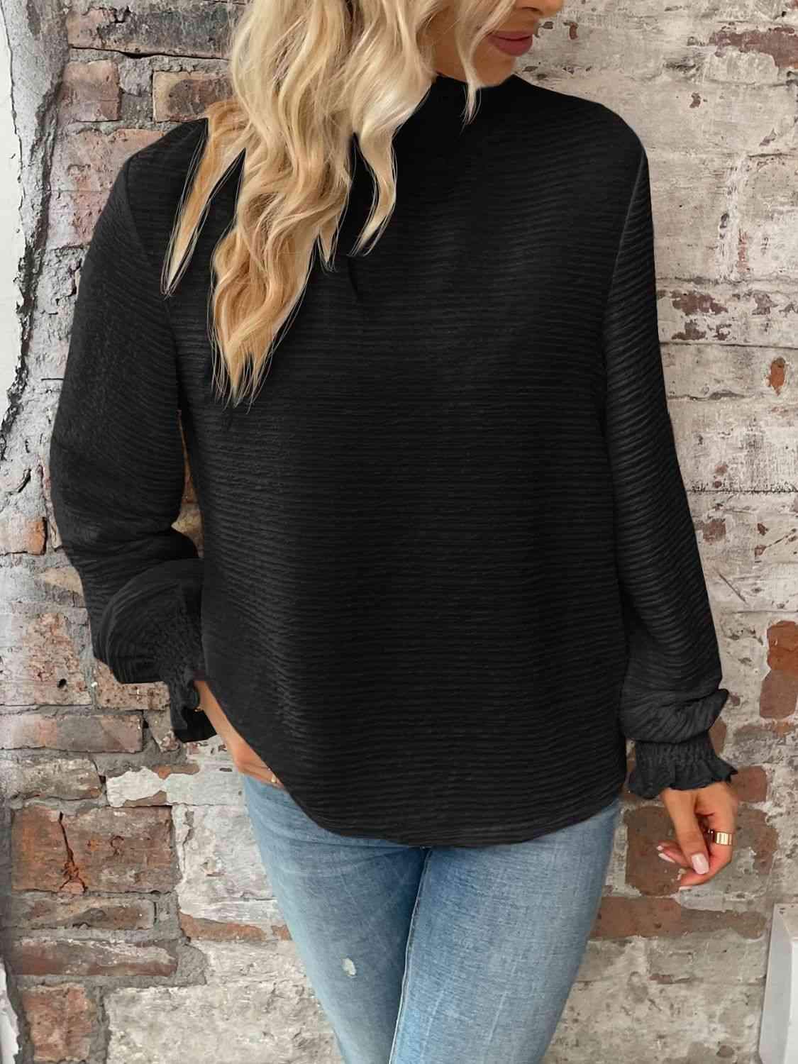 Smocked Mock Neck Flounce Sleeve Top Blouses - Tophatter Daily Deals