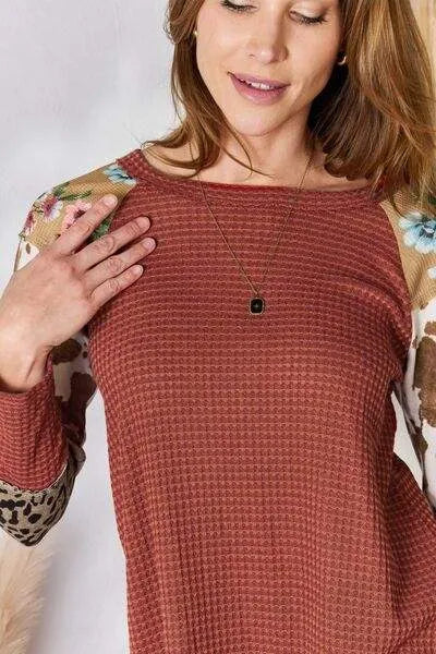 Hailey & Co Full Size Leopard Waffle-Knit Blouse Blouses - Tophatter Daily Deals