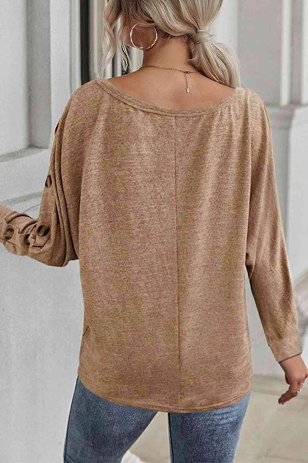 Boat Neck Buttoned Long Sleeve T-Shirt Women's T-Shirts - Tophatter Daily Deals