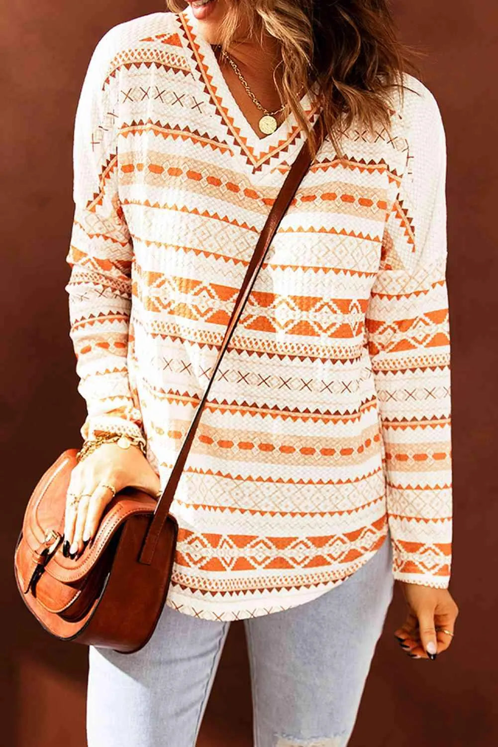 Geometric Print V-Neck Curved Hem Top Blouses - Tophatter Daily Deals