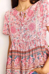 Double Take Bohemian Decorative Button Tie-Neck Peplum Blouse Blouses - Tophatter Daily Deals