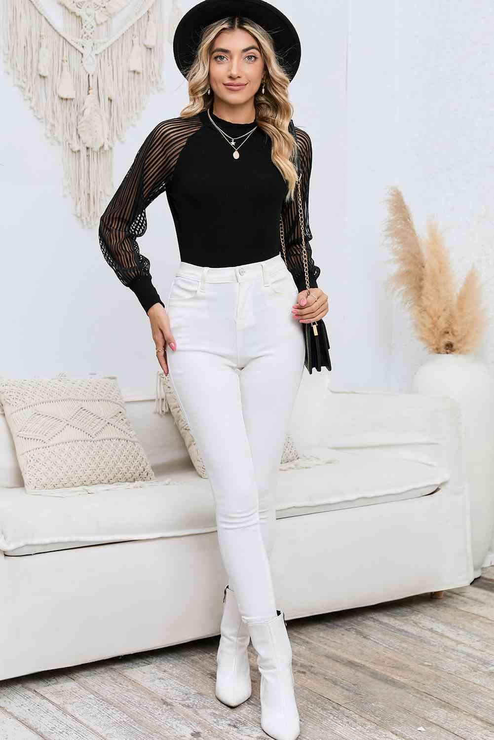 Round Neck Semi-Sheer Sleeve Blouse Blouses - Tophatter Daily Deals