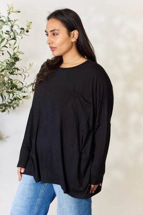 Zenana Full Size Round Neck Long Sleeve Top with Pocket Blouses - Tophatter Daily Deals