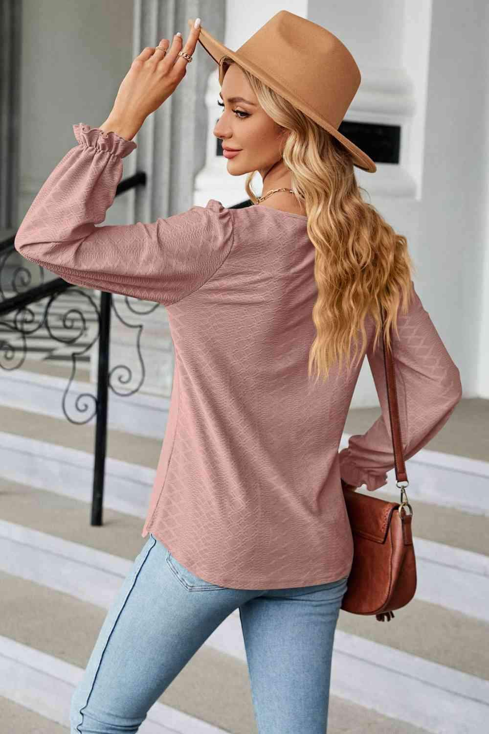 Round Neck Flounce Sleeve Blouse Blouses - Tophatter Daily Deals