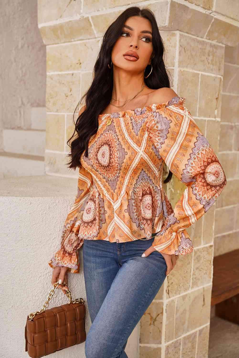 Printed Off-Shoulder Smocked Flounce Sleeve Blouse Blouses - Tophatter Daily Deals