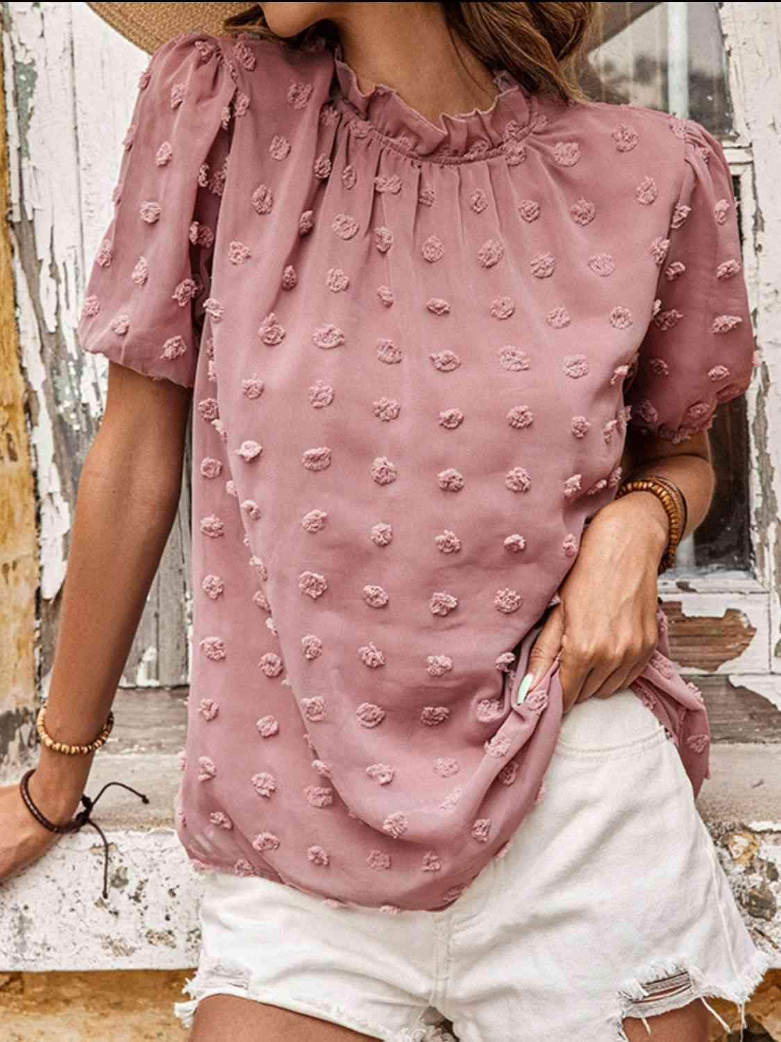 Swiss Dot Ruched Frill Trim Top Pink Blouses - Tophatter Daily Deals