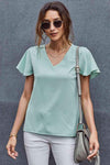 V-Neck Flutter Sleeve Blouse Light Green Blouses - Tophatter Daily Deals