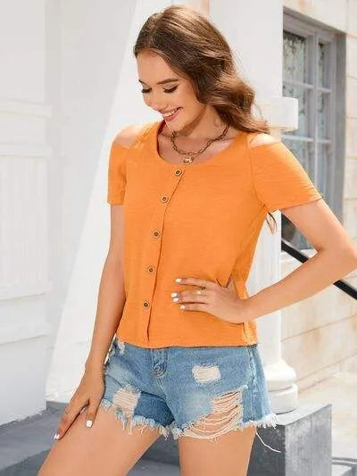 Decorative Button Round Neck Short Sleeve T-Shirt Women's T-Shirts - Tophatter Daily Deals
