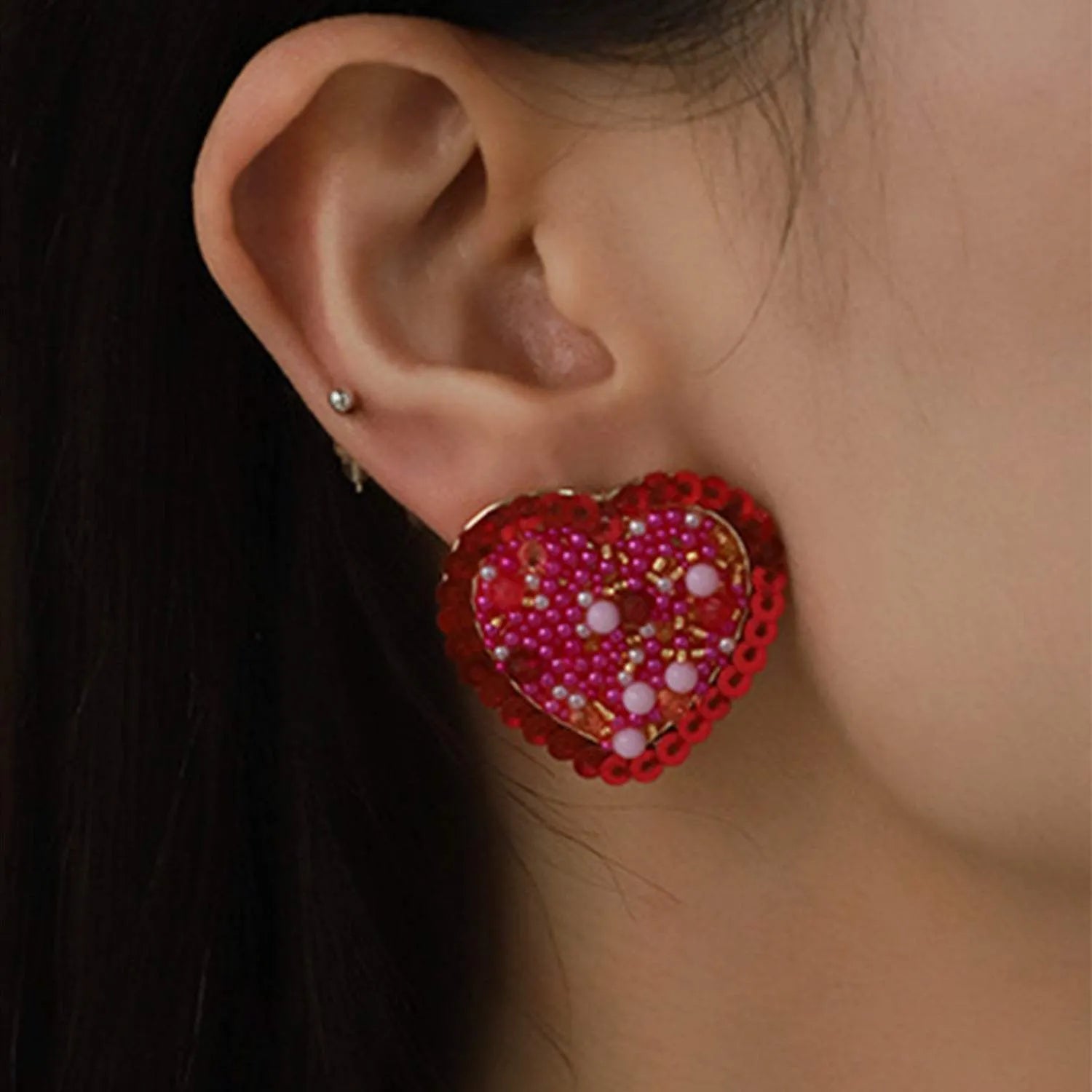 Sequin Heart Inlaid Bead Alloy Earrings Earrings - Tophatter Daily Deals