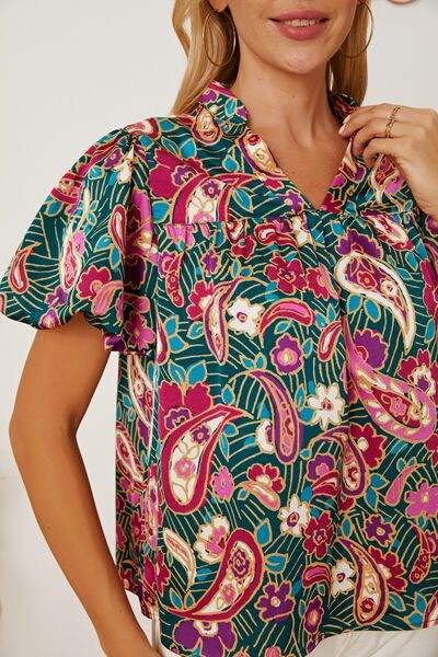 Floral Collared Neck Short Sleeve Blouse Blouses - Tophatter Daily Deals