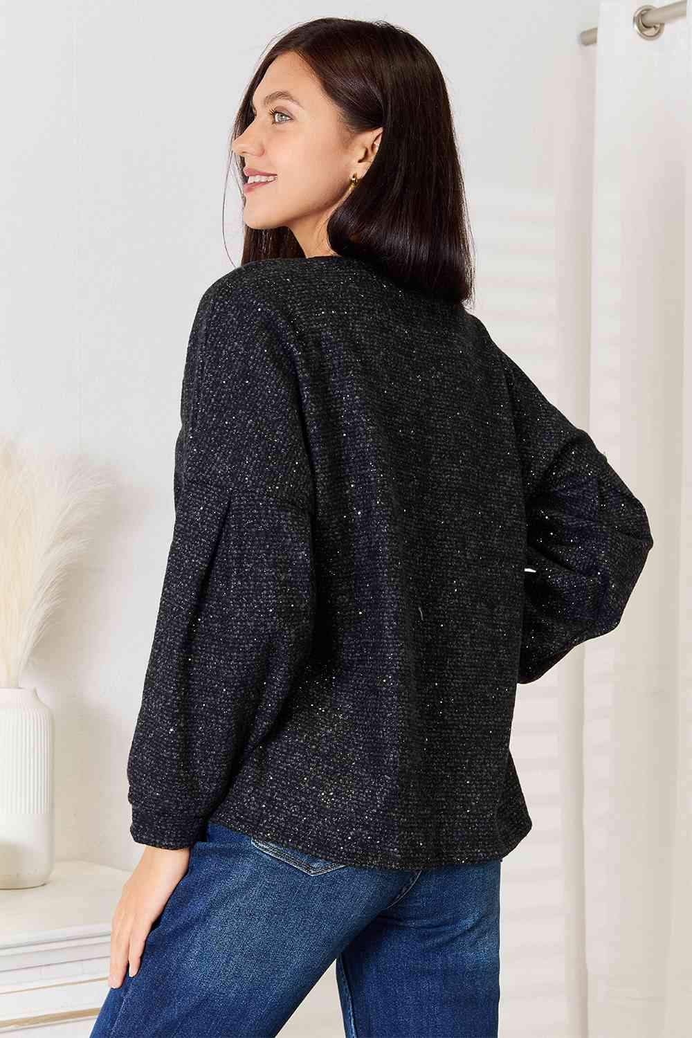 Jade By Jane Full Size Boat Neck Glitter Long Sleeve Top Blouses - Tophatter Daily Deals