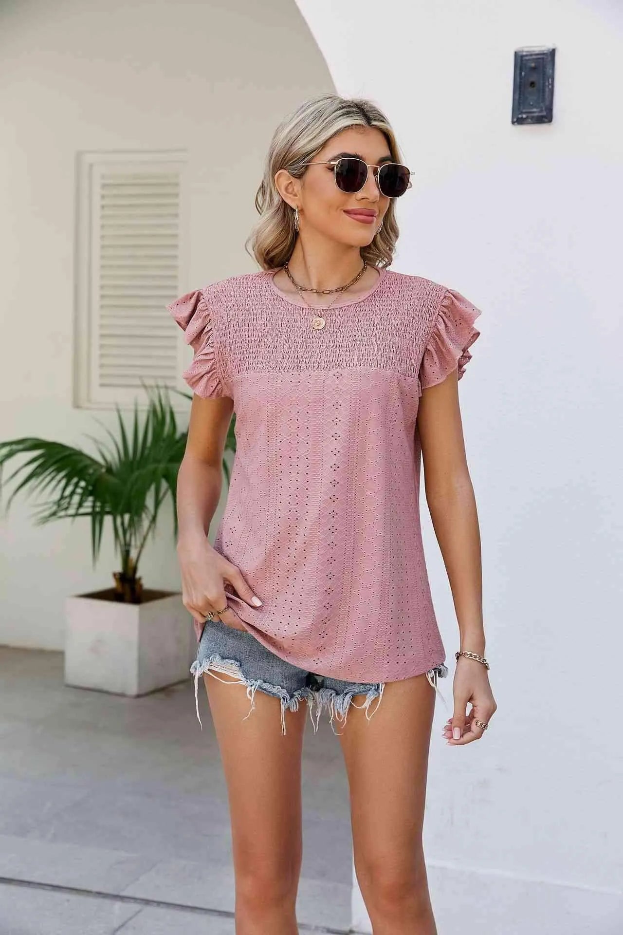 Smocked Round Neck Flutter Sleeve Top Blouses - Tophatter Daily Deals