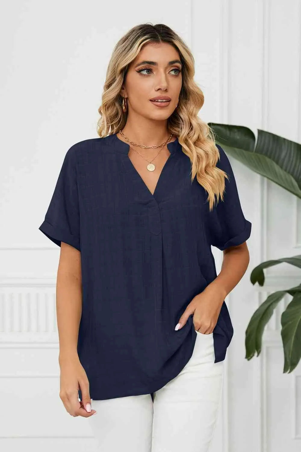 Side Slit Notched Neck Cuffed Short Sleeve Blouse Navy Blouses - Tophatter Daily Deals