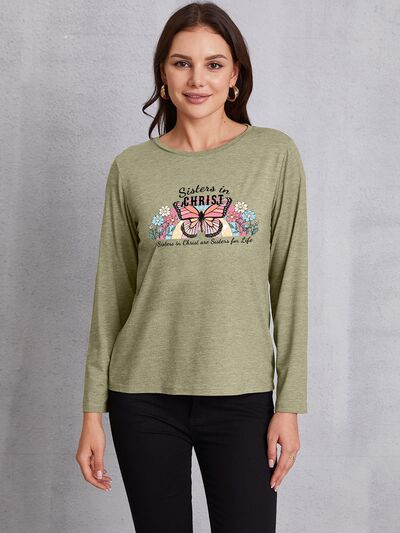 Graphic Round Neck Long Sleeve T-Shirt Sage Women's T-Shirts - Tophatter Daily Deals