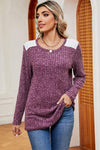 Eyelet Ribbed Round Neck Long Sleeve T-Shirt Women's T-Shirts - Tophatter Daily Deals