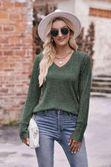 Double Take V-Neck Long Sleeve Ribbed Top Army Green Blouses - Tophatter Daily Deals