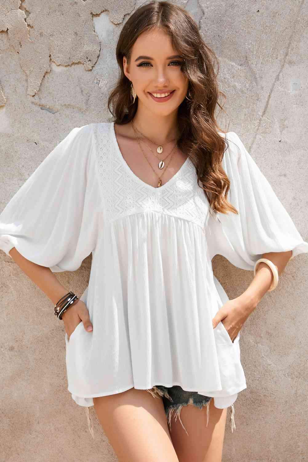 Double Take V-Neck Half Sleeve Blouse with Pockets White Blouses - Tophatter Daily Deals