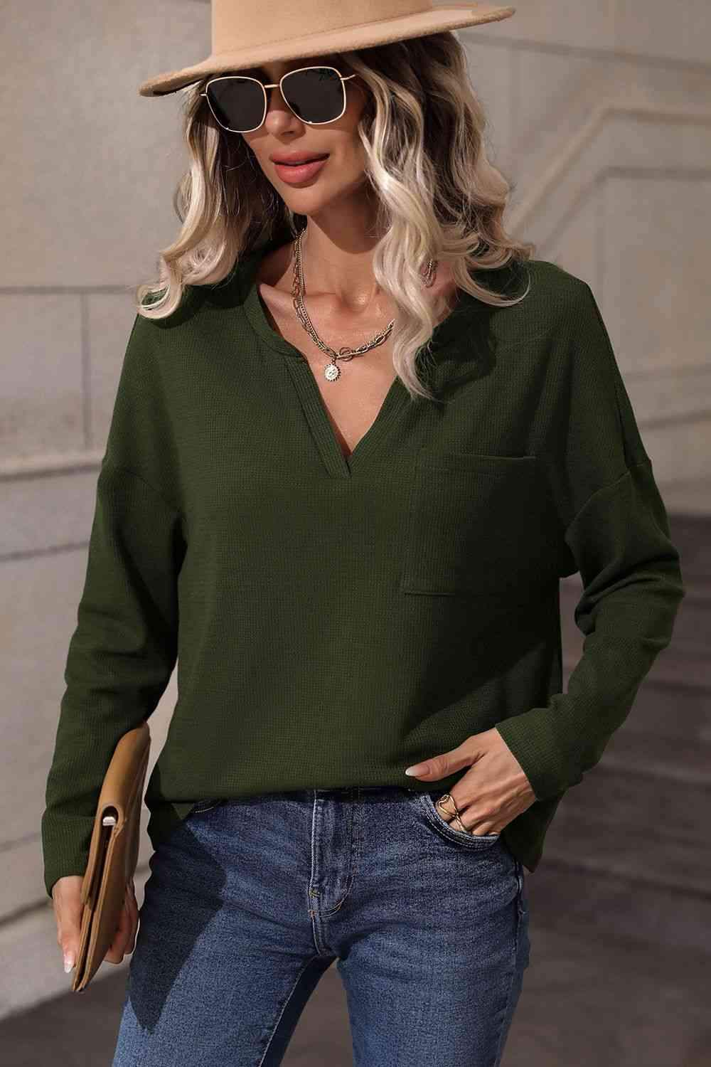 Long Sleeve Notched Neck Blouse Army Green Blouses - Tophatter Daily Deals