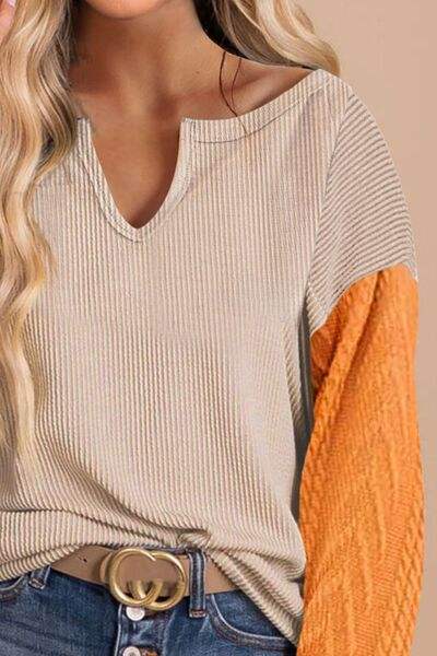 Contrast Notched Long Sleeve Blouse Blouses - Tophatter Daily Deals