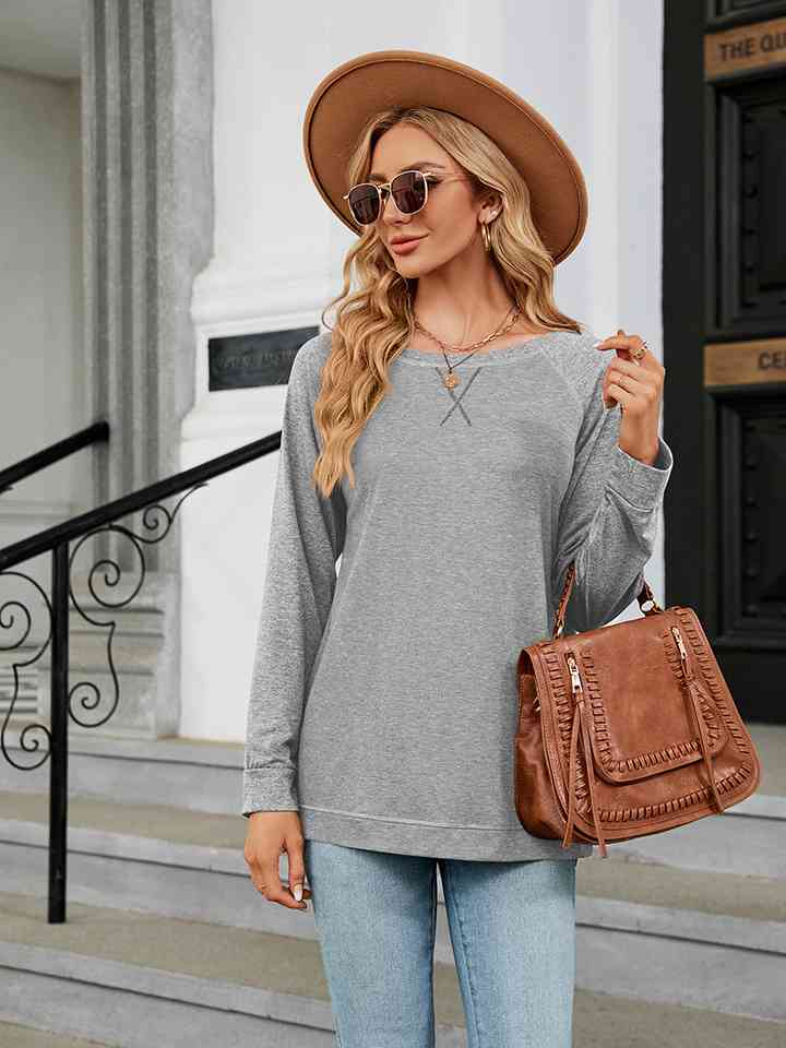 Round Neck Long Sleeve T-Shirt Cloudy Blue Women's T-Shirts - Tophatter Daily Deals