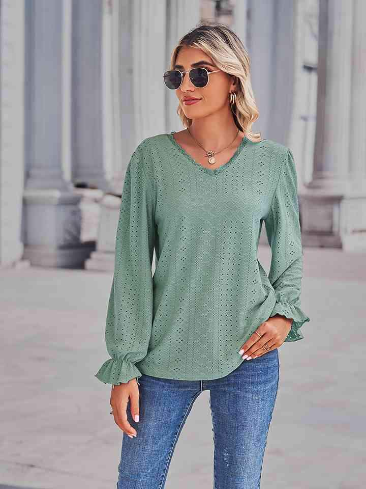 Eyelet V-Neck Flounce Sleeve Blouse Gum Leaf Blouses - Tophatter Daily Deals