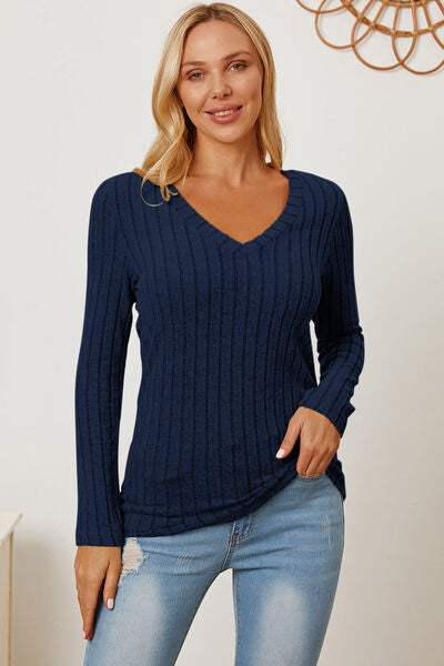 Basic Bae Full Size Ribbed V-Neck Long Sleeve T-Shirt Peacock Blue Women's T-Shirts - Tophatter Daily Deals