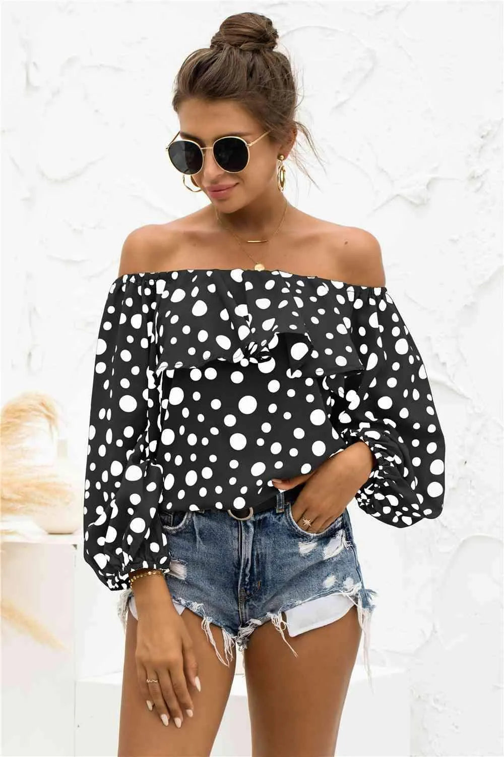 Polka Dot Off-Shoulder Layered Blouse Blouses - Tophatter Daily Deals