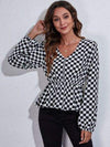 Checkered V-Neck Balloon Sleeve Peplum Blouse Blouses - Tophatter Daily Deals