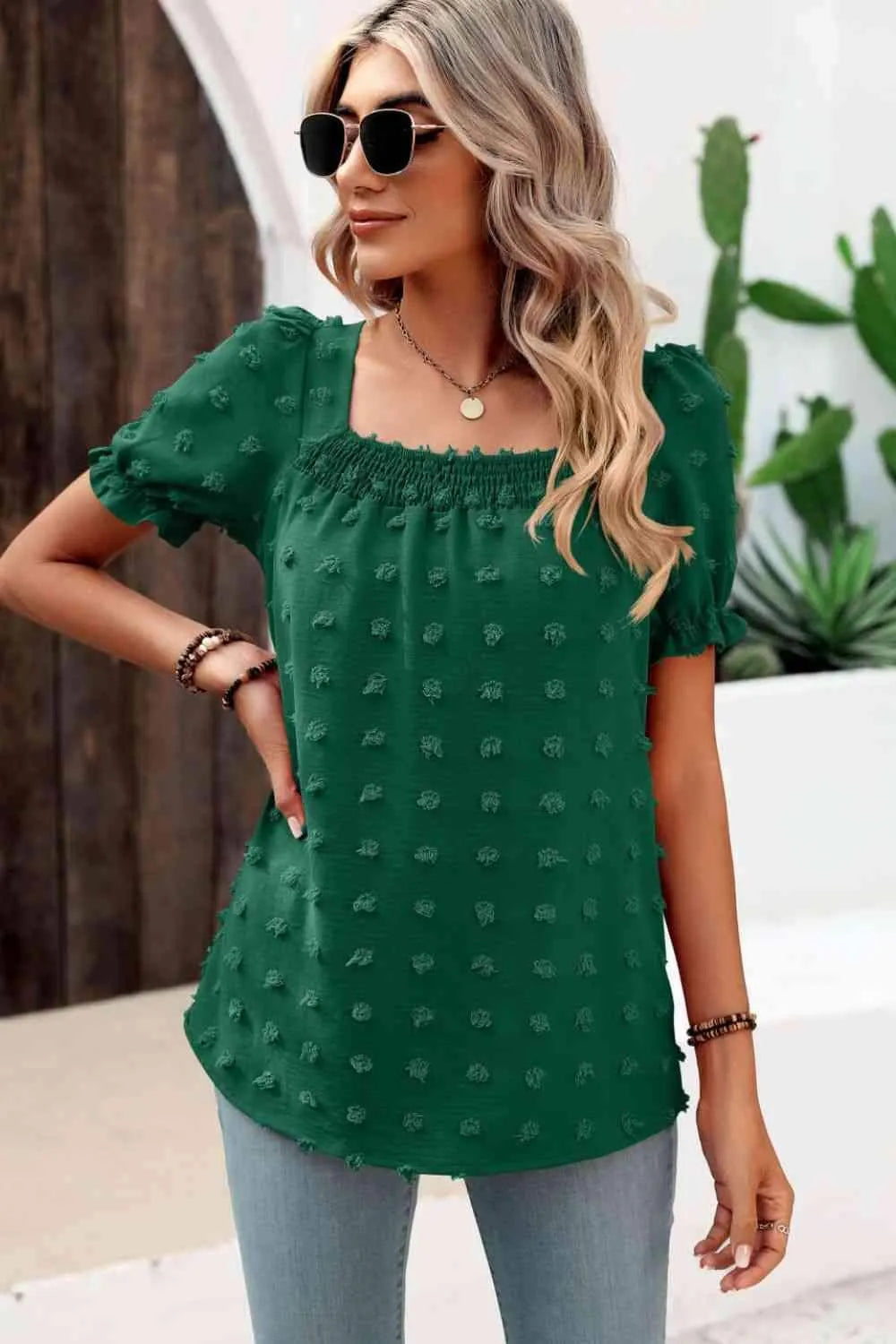 Swiss Dot Puff Sleeve Square Neck Blouse Blouses - Tophatter Daily Deals