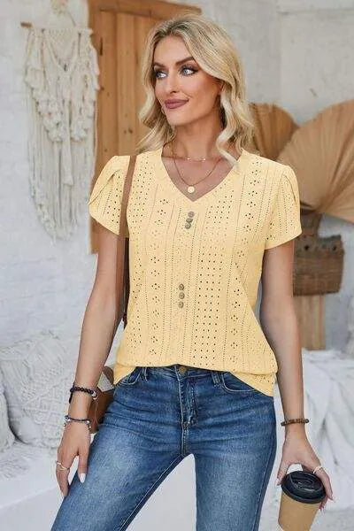Decorative Button Eyelet V-Neck Short Sleeve T-Shirt Women's T-Shirts - Tophatter Daily Deals