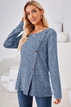 Round Neck Long Sleeve T-Shirt Dusty Blue Women's T-Shirts - Tophatter Daily Deals