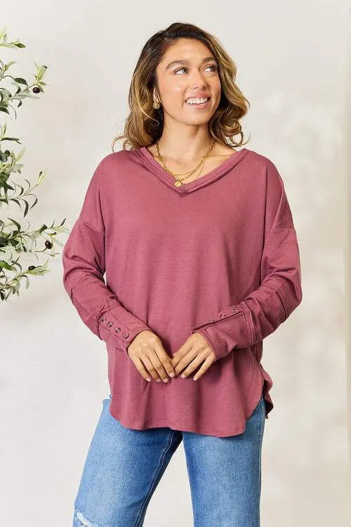 Culture Code Full Size V-Neck Exposed Seam Long Sleeve Blouse Blouses - Tophatter Daily Deals