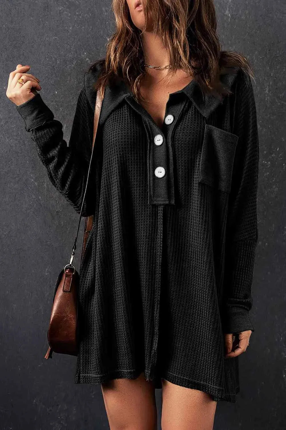 Waffle Knit Buttoned Long Sleeve Top with Breast Pocket Blouses - Tophatter Daily Deals