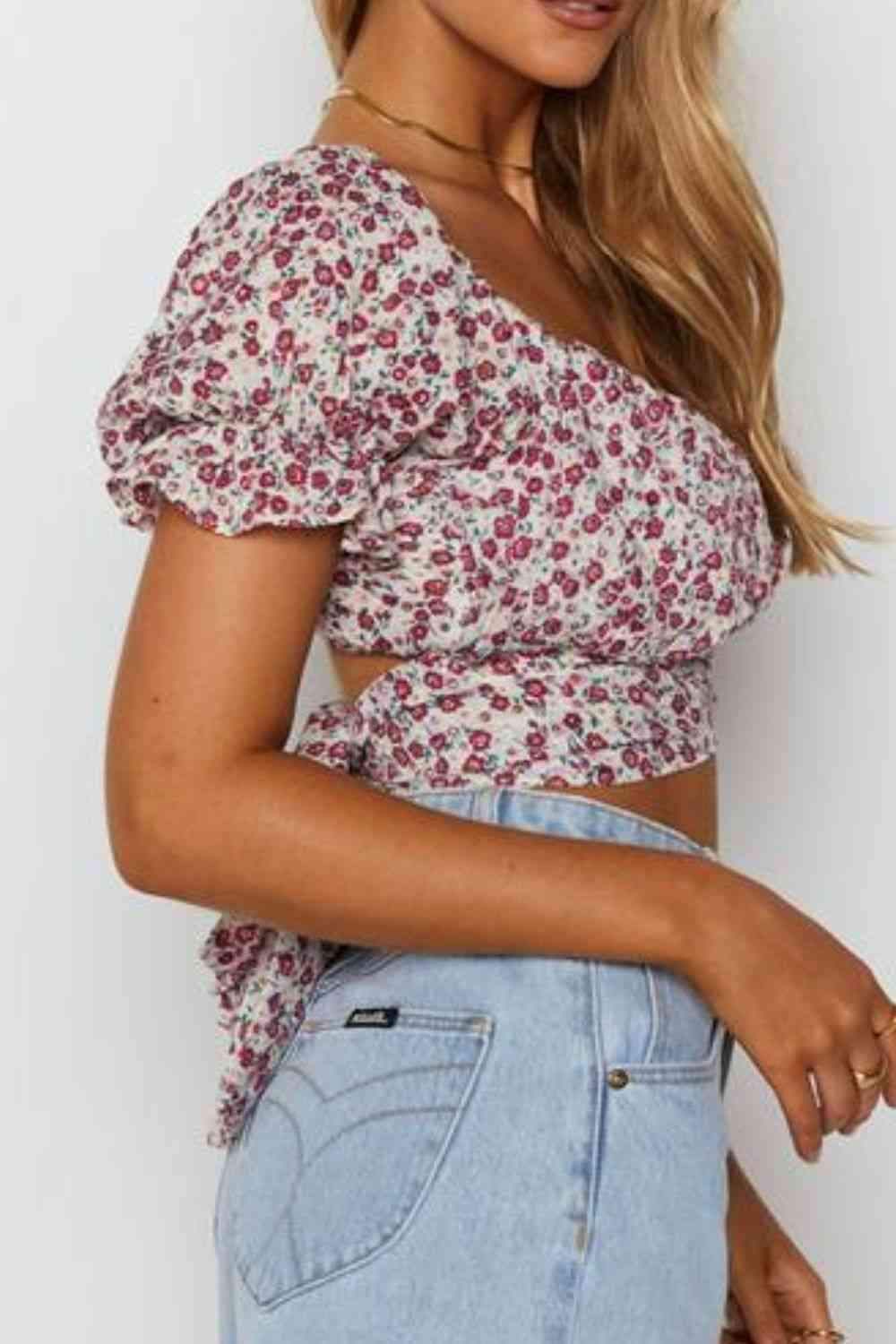 Flower Print Ruffle Trim Off-Shoulder Back Tie Blouse Blouses - Tophatter Daily Deals